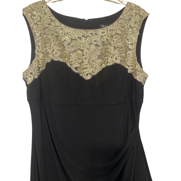 Elegant SL Fashions Black Maxi Dress With Gold Embellished Lace Bodice & Draped - Picture 2 of 8